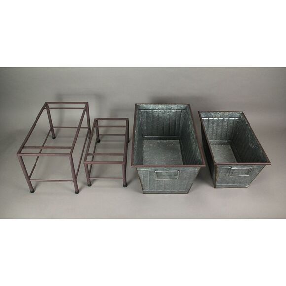 Set of 2 Galvanized Zinc Finish Metal Tub Planters On Stands - Picture 4 of 4